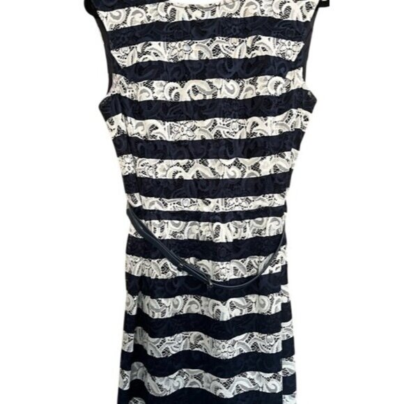 Alex Marie Dresses & Skirts - Alex Marie Navy White Horizontal Floral Sleeveless Lace Belt Dress Nautical SZ12